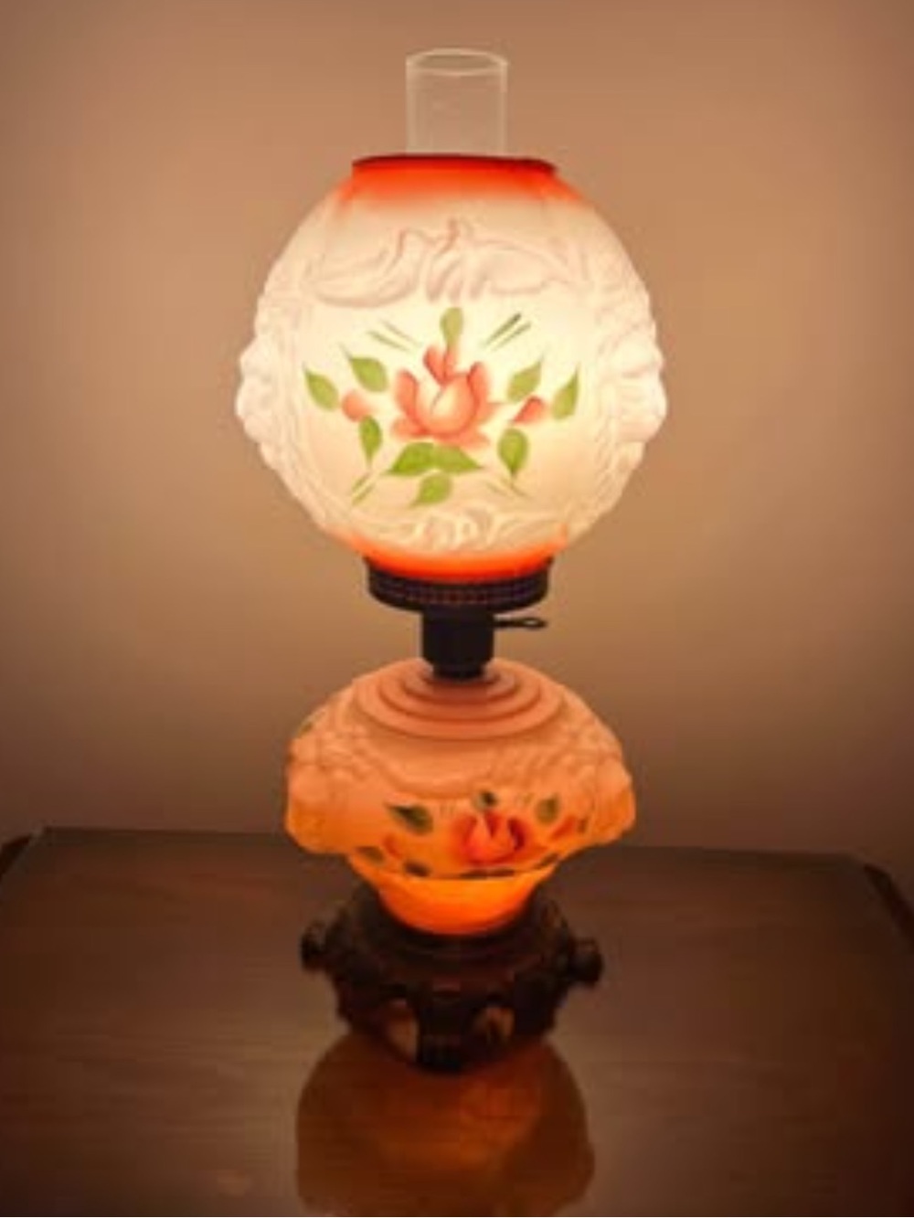 Antique Consolidated Glass Wild Cabbage Floral Hurricane Lamp With Puffy Shade